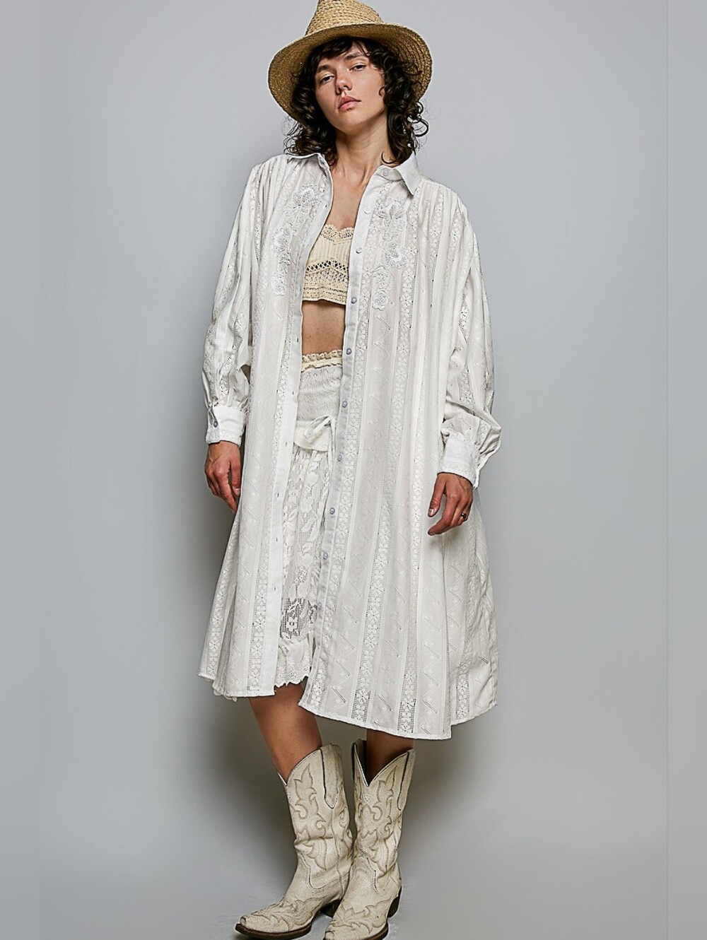 POL Ivory Embroidered Midi Dress with Puff Sleeves - Picture 6 of 6